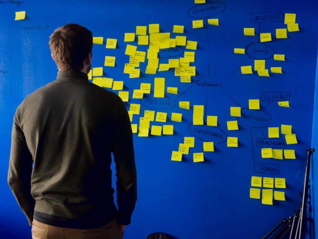 Haftnotizen an einer Wand beim Brainstorming für neue Dienstleistungsideen